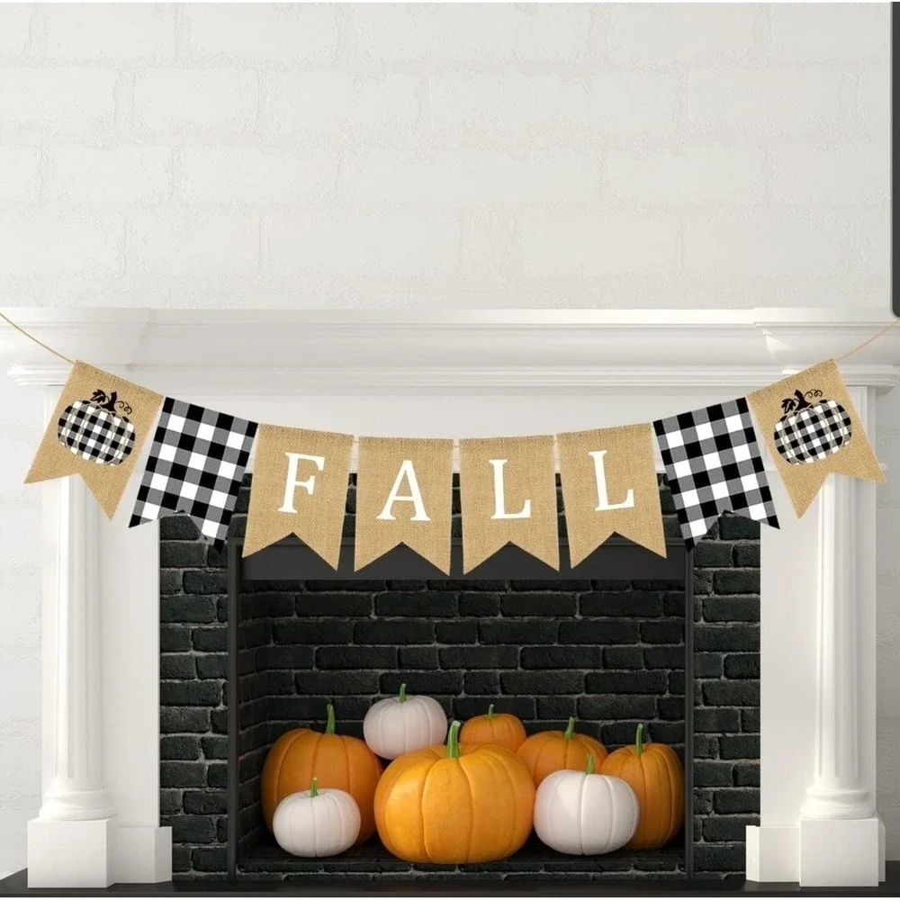 Fall Burlap Banner Buffalo Plaid Pumpkin Thanksgiving Garland 8.5ft Rustic Decor